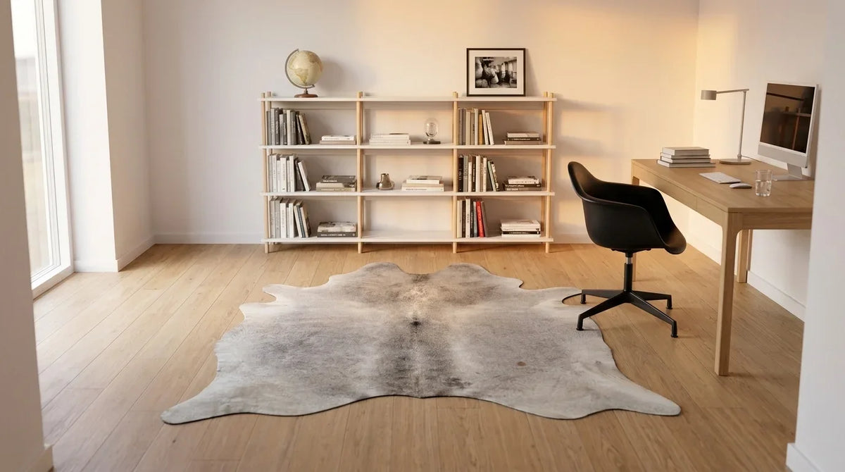 Grey cowhide rug under desk in contemporary european home office