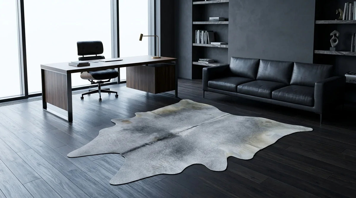 Grey cowhide rug under desk in milano penthouse home office