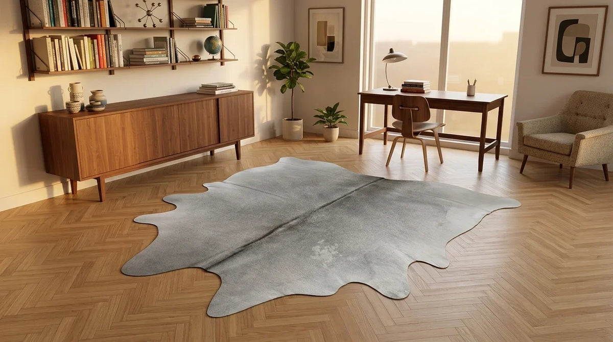 Grey cowhide rug under desk in midcentury modern home office