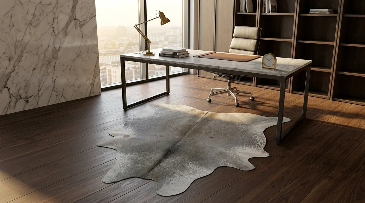 Grey cowhide rug under desk in milano penthouse home office