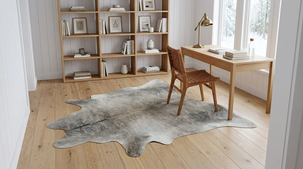 Grey cowhide rug under desk in scandinavian cabin home office