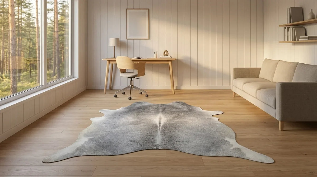 Grey cowhide rug under desk in scandinavian cabin home office