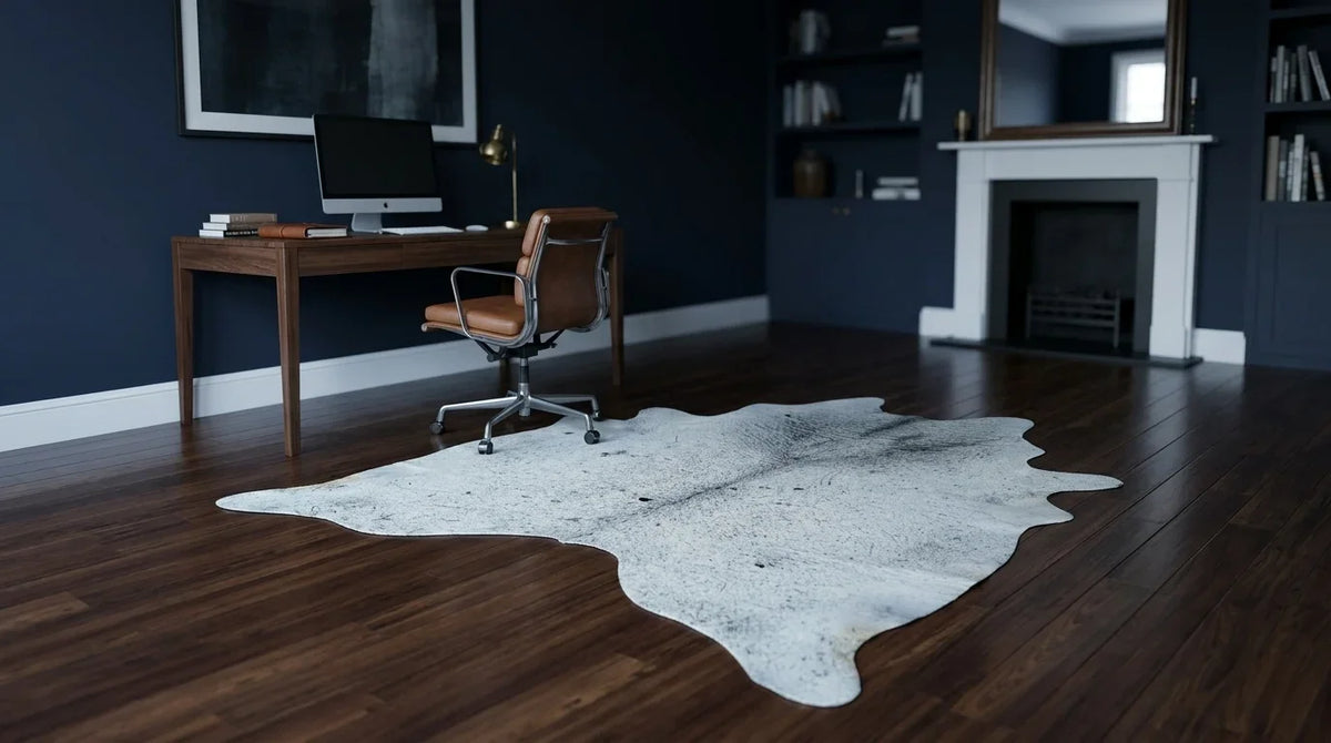 Grey cowhide rug under desk in london townhouse home office