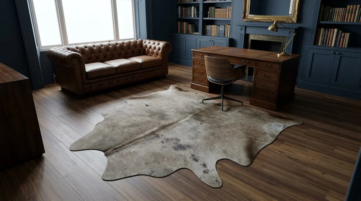 Grey cowhide rug under desk in london townhouse home office