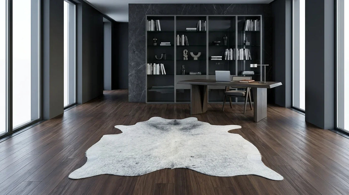 Grey cowhide rug under desk in milano penthouse home office