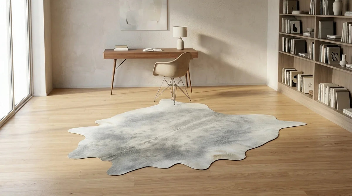 Grey cowhide rug under desk in midcentury modern home office