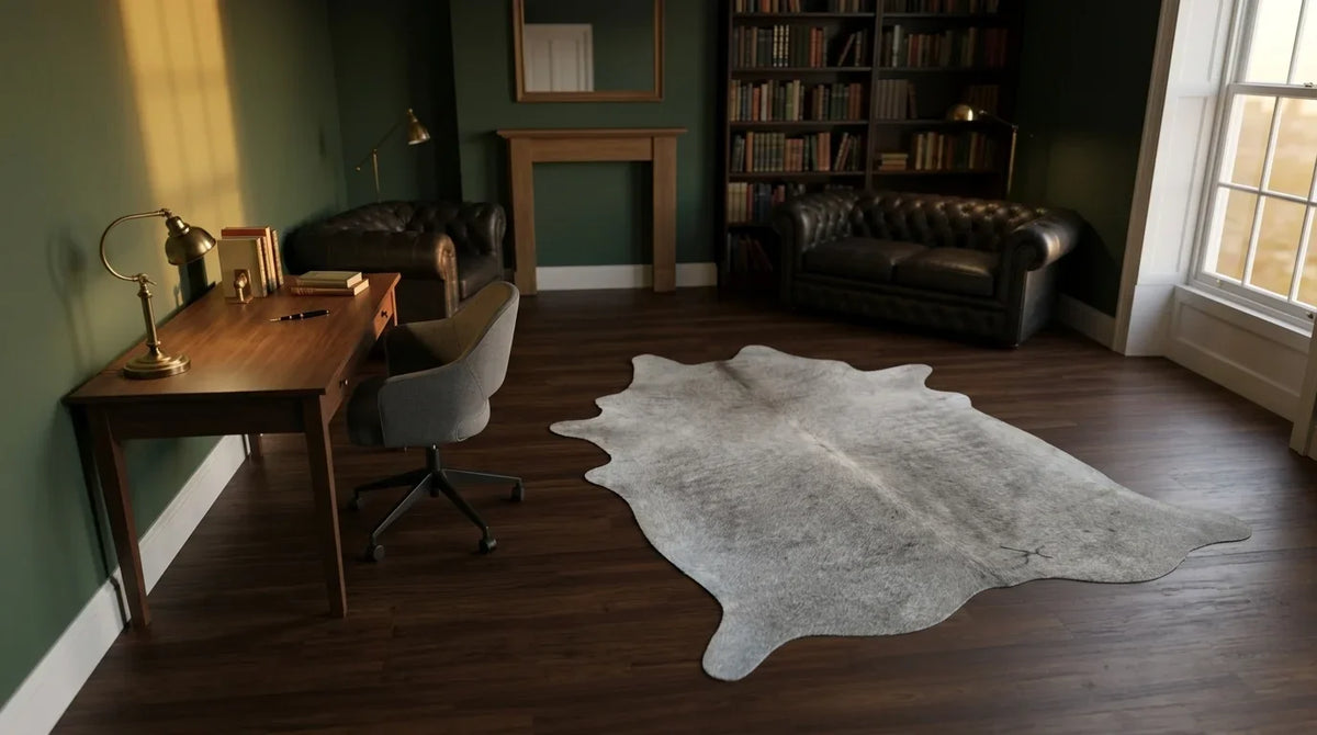 Grey cowhide rug under desk in london townhouse home office