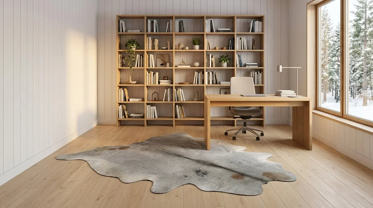 Grey cowhide rug under desk in scandinavian cabin home office