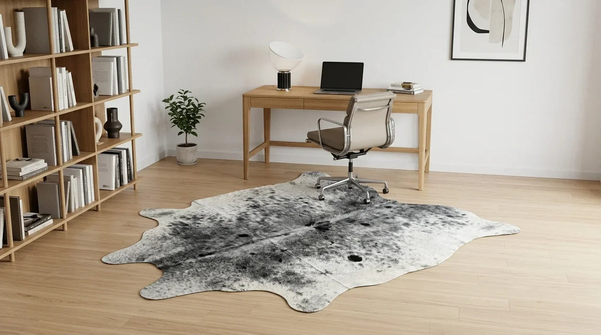 Grey cowhide rug under desk in contemporary european home office