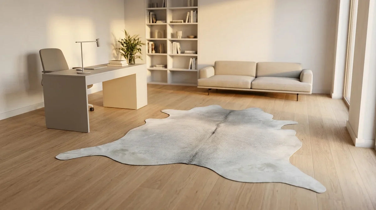 Grey cowhide rug under desk in contemporary european home office