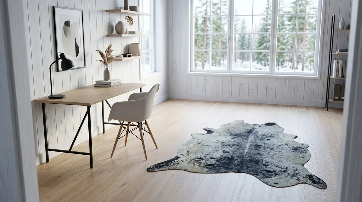 Grey cowhide rug under desk in scandinavian cabin home office