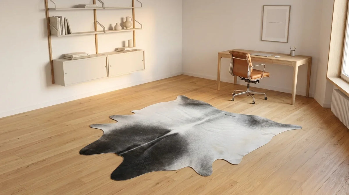 Grey cowhide rug under desk in contemporary european home office