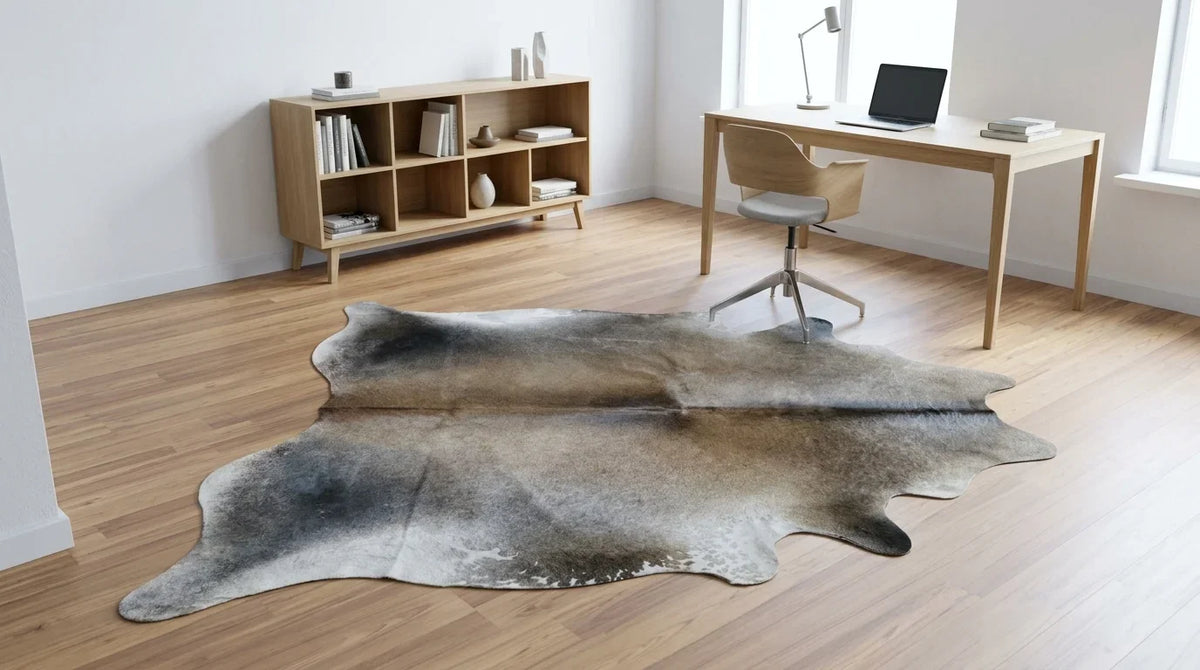 Grey cowhide rug under desk in contemporary european home office