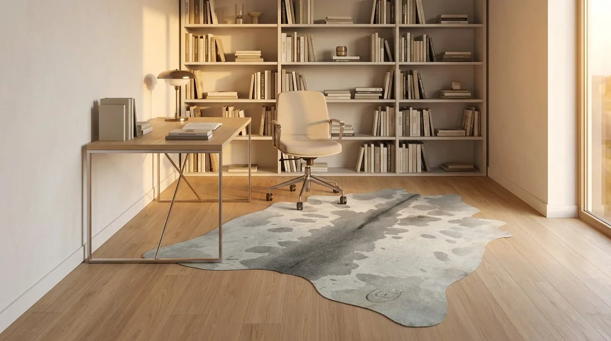 Grey cowhide rug under desk in contemporary european home office