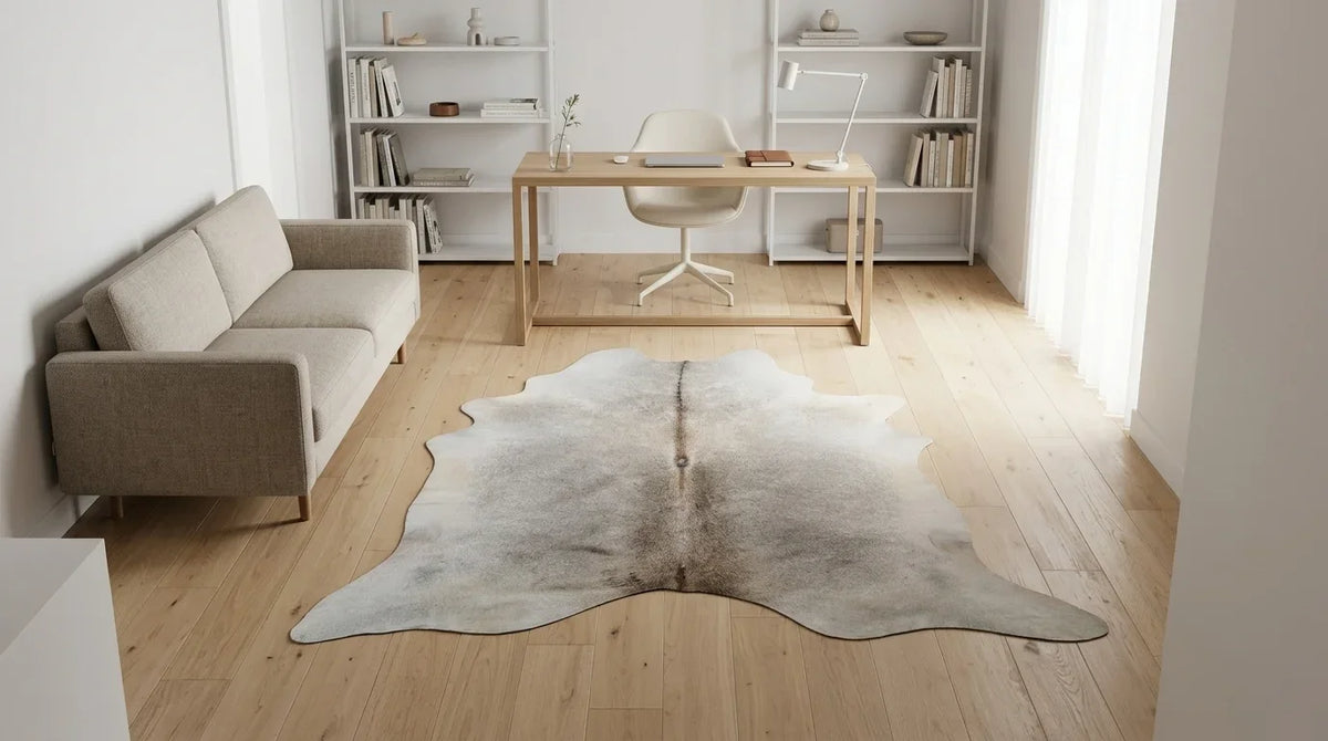 Grey cowhide rug under desk in contemporary european home office