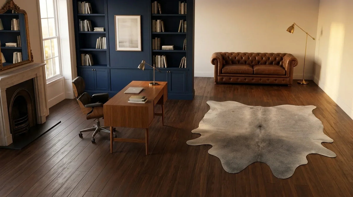 Grey cowhide rug under desk in london townhouse home office