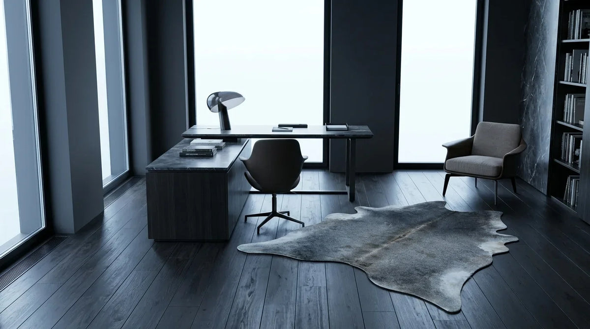 Grey cowhide rug under desk in milano penthouse home office