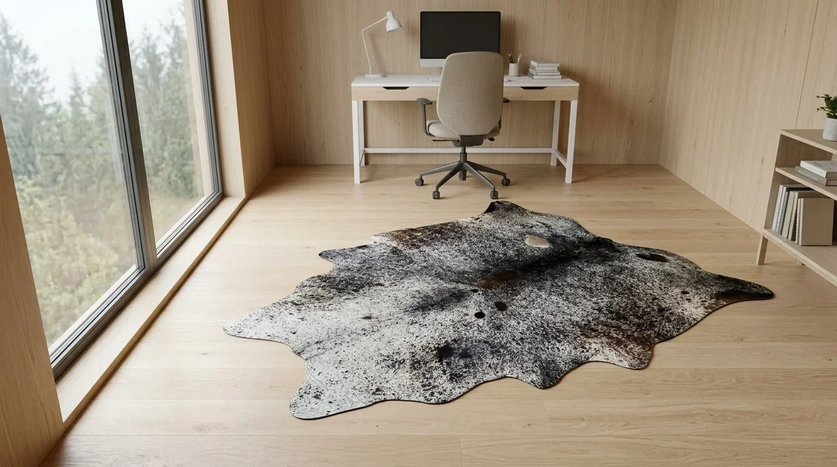 Kuhfell in Grau mit Salt-and-Pepper-Muster im Arbeitszimmer im skandinavischen Hüttenstil