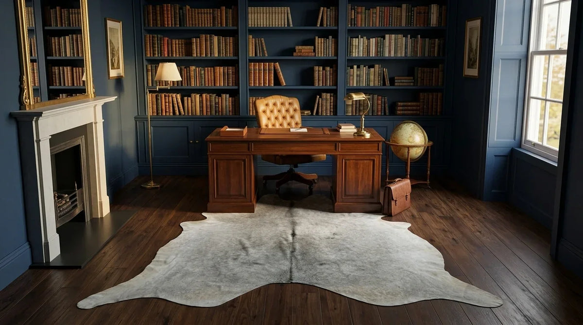 Grey cowhide rug under desk in london townhouse home office