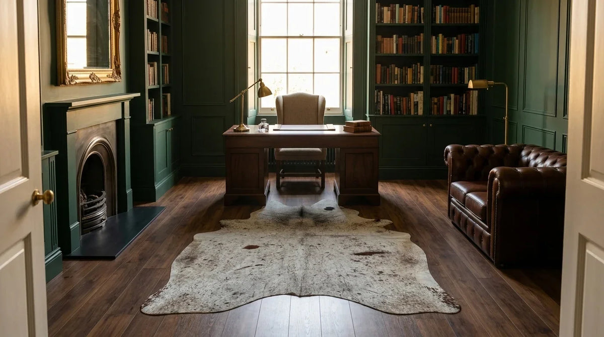 Grey cowhide rug under desk in london townhouse home office