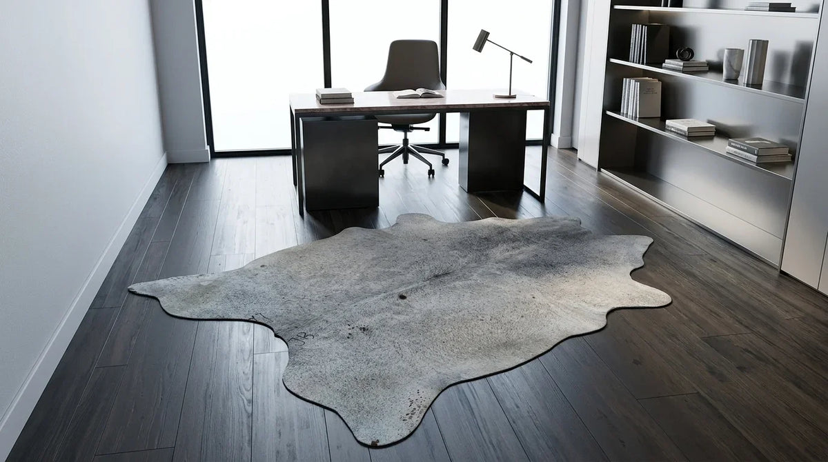Grey cowhide rug under desk in milano penthouse home office