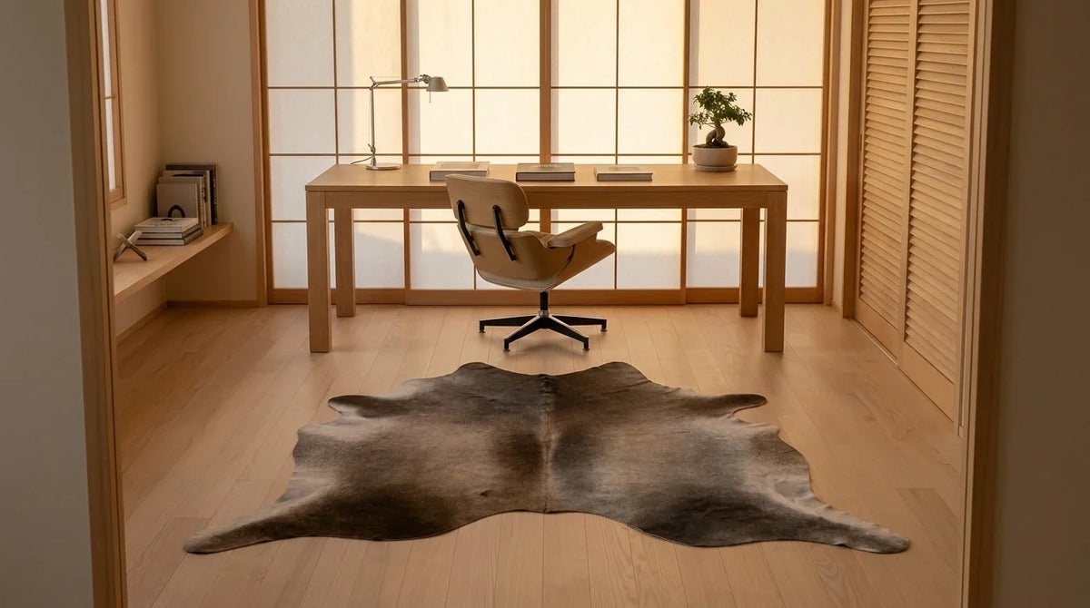 Grey cowhide rug under desk in tokyo minimal home office