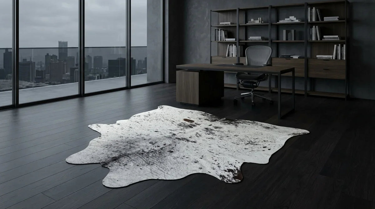 Kuhfell in Grau mit Salt-and-Pepper-Muster im Arbeitszimmer im Mailänder Penthouse-Stil