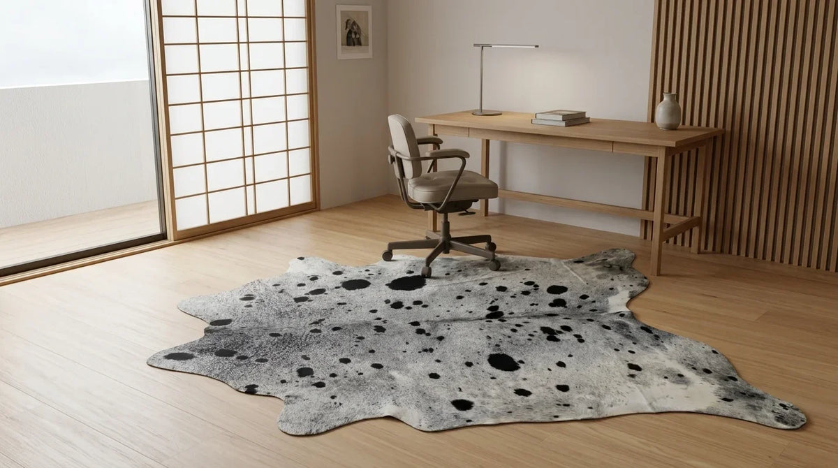 Kuhfell in Grau mit Salt-and-Pepper-Muster im Arbeitszimmer im minimalistischen Tokio-Stil
