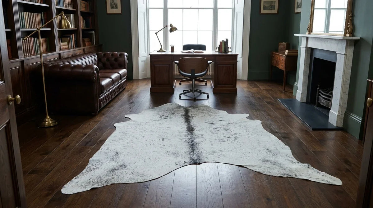 Grey cowhide rug under desk in london townhouse home office