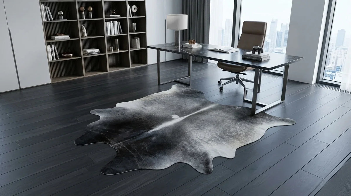 Grey cowhide rug under desk in milano penthouse home office