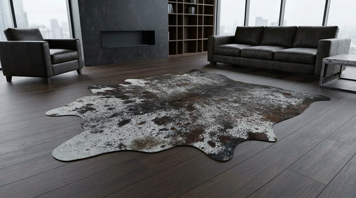 Kuhfell in Grau im Wohnzimmer im Mailänder Penthouse-Stil