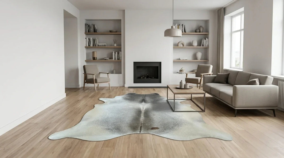 Grey cowhide rug on hardwood floor in contemporary european living room