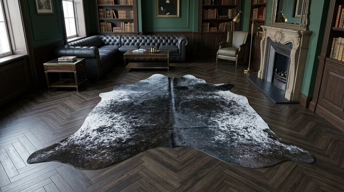 Grey cowhide rug on hardwood floor in london townhouse living room