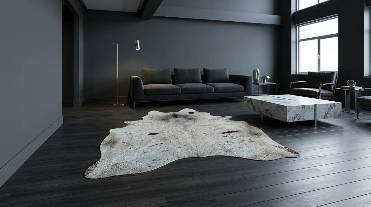 Grey cowhide rug on hardwood floor in milano penthouse living room