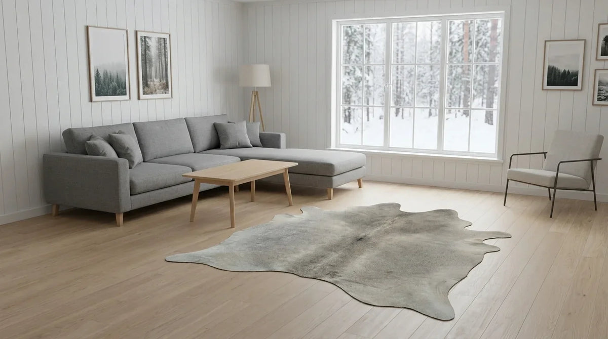 Grey cowhide rug on hardwood floor in scandinavian cabin living room
