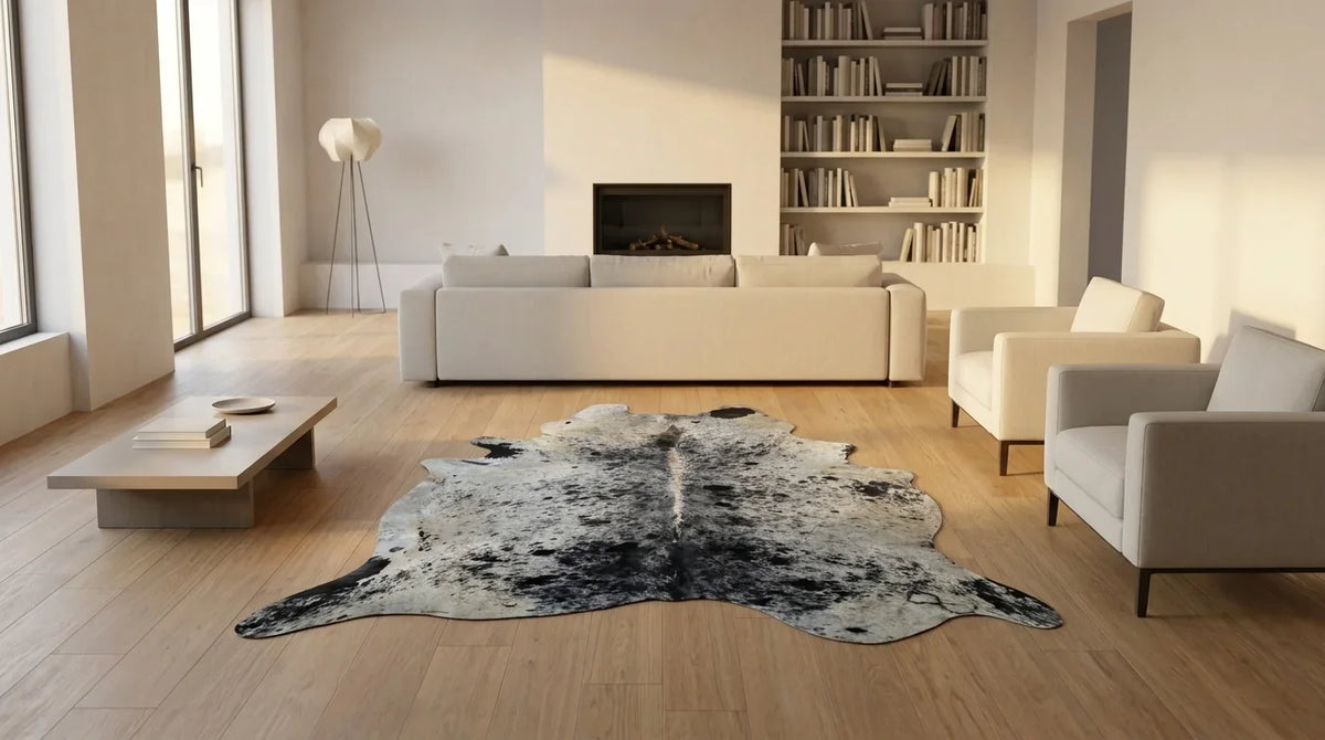 Grey cowhide rug on hardwood floor in contemporary european living room