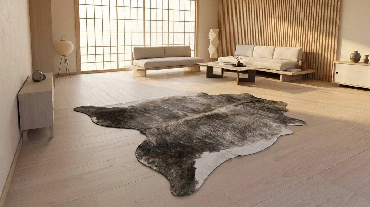 Grey cowhide rug on hardwood floor in tokyo minimal living room