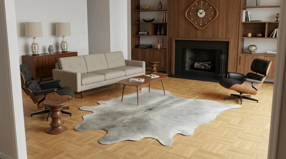 Grey cowhide rug on hardwood floor in midcentury modern living room