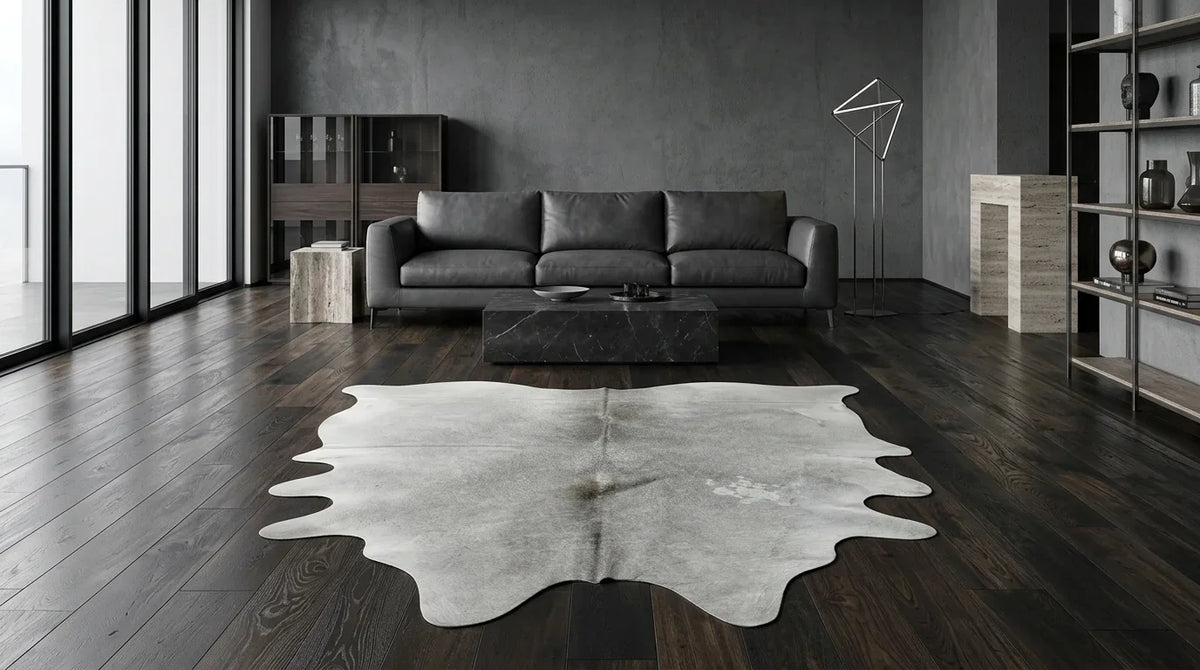 Grey cowhide rug on hardwood floor in milano penthouse living room