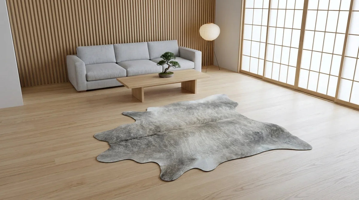 Grey cowhide rug on hardwood floor in tokyo minimal living room