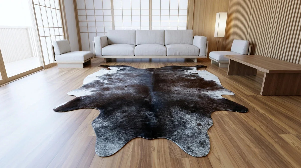 Kuhfell in Grau im Wohnzimmer im minimalistischen Tokio-Stil