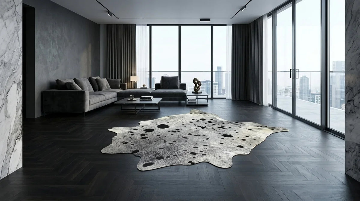 Kuhfell in Grau mit Salt-and-Pepper-Muster im Wohnzimmer im Mailänder Penthouse-Stil