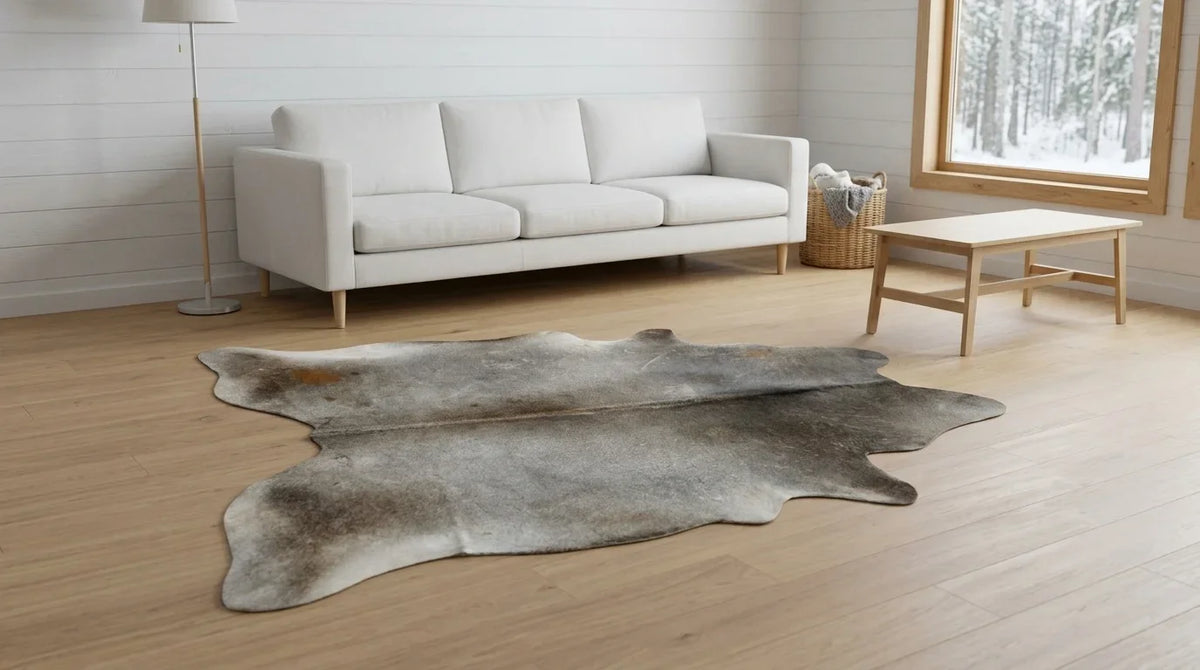 Grey cowhide rug on hardwood floor in scandinavian cabin living room