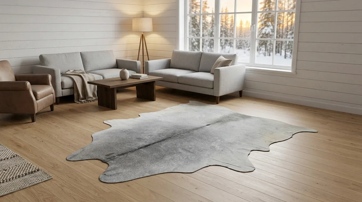 Grey cowhide rug on hardwood floor in scandinavian cabin living room