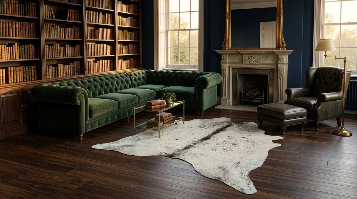 Grey cowhide rug on hardwood floor in london townhouse living room