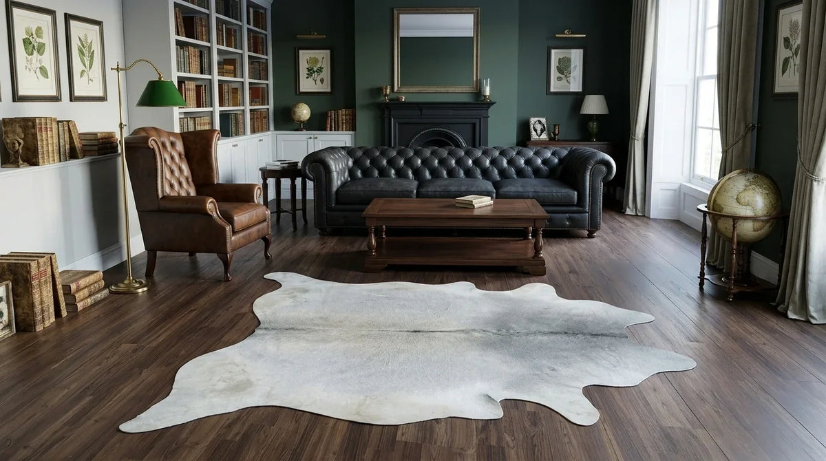 Grey cowhide rug on hardwood floor in london townhouse living room