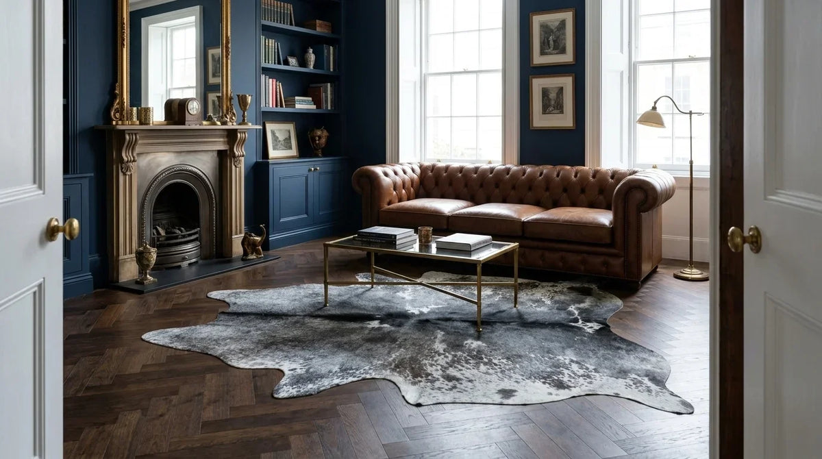 Grey cowhide rug on hardwood floor in london townhouse living room