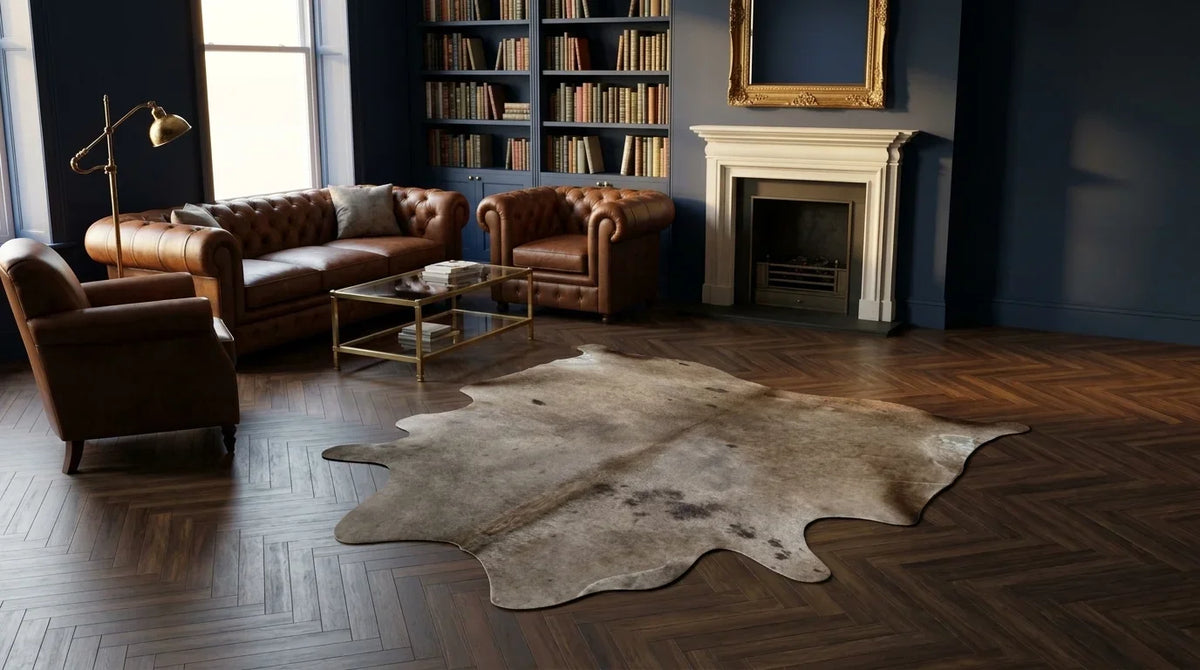 Grey cowhide rug on hardwood floor in london townhouse living room