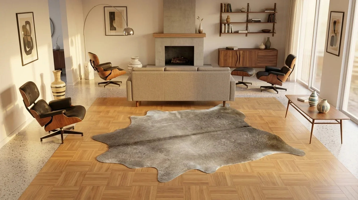 Kuhfell in Grau im Wohnzimmer im Mid-Century-Stil