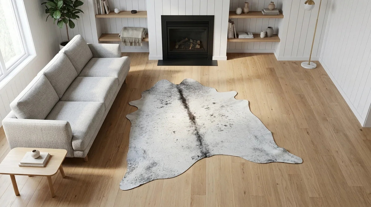 Grey cowhide rug on hardwood floor in scandinavian cabin living room